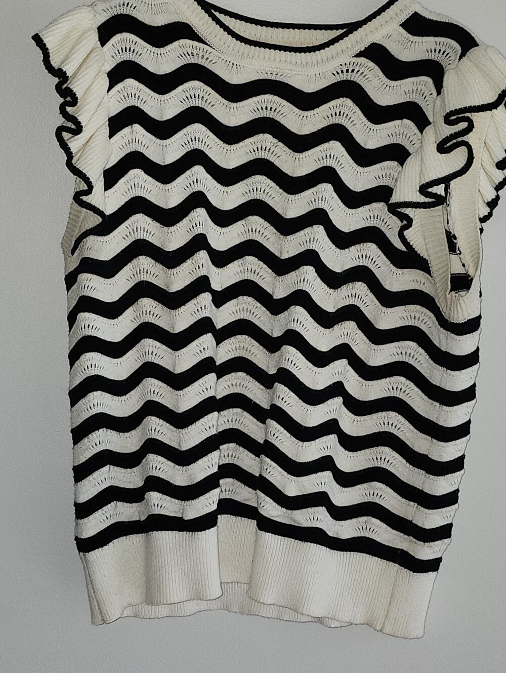Striped Ruffle Sleeve Open-Knit Scoop Neck Sweater - Black & White